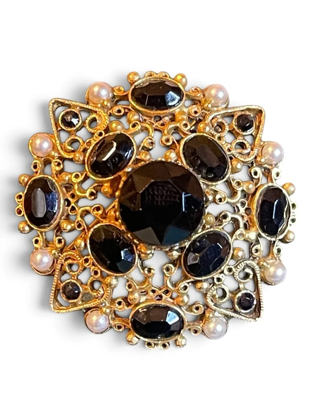 Vintage Florenza Victorian Revival Ornate Black & Faux Pearl Brooch
